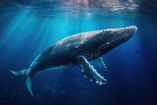 Humpback whale swimming in deep blue ocean. This image is a 3d render illustration, Humpback whale swimming underwater in blue water. Marine life, AI Generated