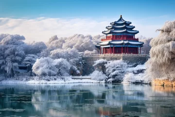 Afwasbaar fotobehang Winter landscape of the famous Gyeongbokgung palace in South Korea, Imperial Summer Palace in Beijing,China, AI Generated © Iftikhar alam