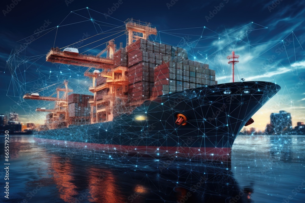 Poster cargo ship with global network connection concept. 3d rendering, incorporating new tech for ship tra