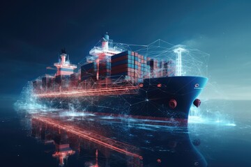 Cargo ship with containers on dark blue background. 3D rendering, Incorporating new tech for ship transport and cargo regulation, AI Generated - obrazy, fototapety, plakaty