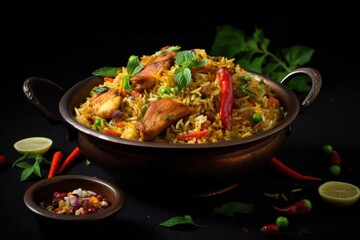 Fototapeta premium Chicken Biryani with Rice and Vegetables on black background, Indian chicken biryani with rice and vegetables on a Black background, AI Generated