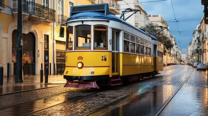 Fototapeta na wymiar Yellow Tram In Afternoon after rainy day. Generative AI