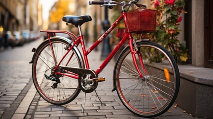 Fototapeta na wymiar Amidst Modern Hustle. An old red bike in the street. Generative AI