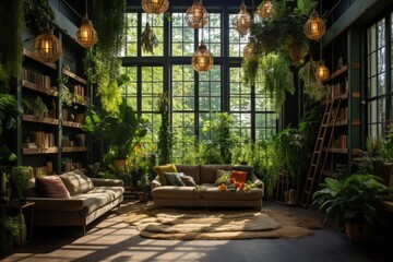 Fototapeta na wymiar Interior of a cozy living room in a loft style with green plants, Interior design room with a lot of plants, AI Generated