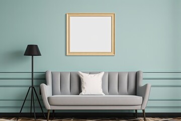 Interior of living room with white sofa and blank picture frame on blue wall. 3d render, Interior mockup with picture frame on a Wall, AI Generated