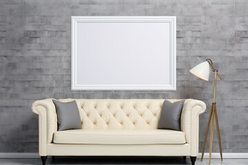 Modern interior with sofa, lamp and blank poster. Mock up, 3D Rendering, Interior mockup with picture frame on a Wall, AI Generated