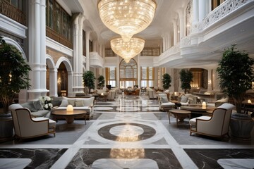 Luxury hotel lobby interior. 3D Rendering, 3D illustration, Interior of a hotel lobby. Luxury hotel lobby interior, AI Generated - obrazy, fototapety, plakaty