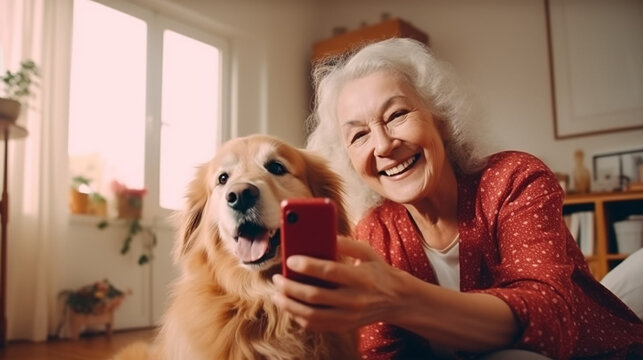copy space, stockphoto, selfie photo taken by a elderly woman with dog cat in the living room. Senior woman using modern technology. Elderly woman taking a selfie with a cellphone, smartphone.