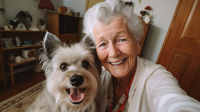 copy space, stockphoto, selfie photo taken by a elderly woman with dog cat in the living room. Senior woman using modern technology. Elderly woman taking a selfie with a cellphone, smartphone.