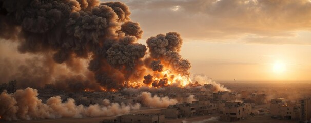 Giant airstrike, IED or artillery explosion in a big middle eastern city. Generative AI. - obrazy, fototapety, plakaty
