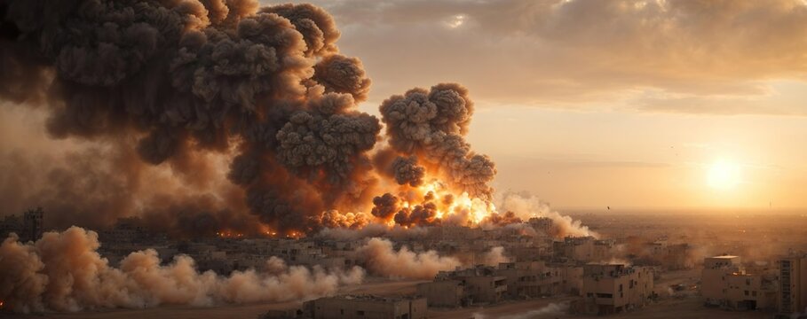Giant airstrike, IED or artillery explosion in a big middle eastern city. Generative AI.