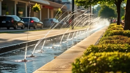 Sprinklers at Play on a Tree-Lined Residential Road with car parked in background. Generative AI