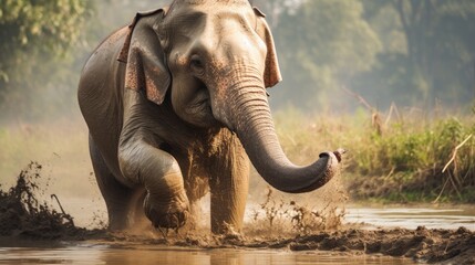 Elephant got into mud in Chitwan National Park in Nepal. - obrazy, fototapety, plakaty
