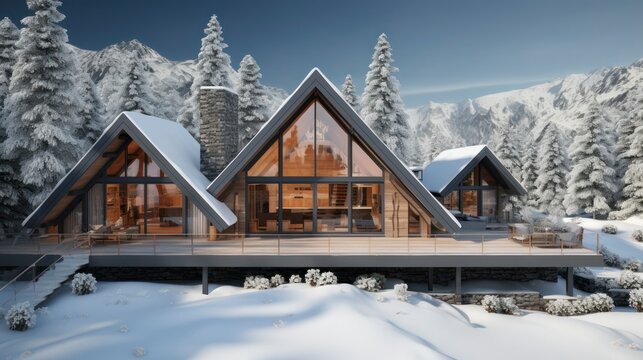 Frosty Frames. Modern Chalet In Winter With Snow Covered Trees On Background. Generative AI