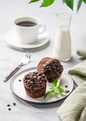 Chocolate muffins on a white plate with mint on a light background with cup of coffee, milk and branch.