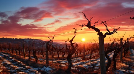 Twilight Tendrils - Beautiful sunset in the vineyards at winter. Generative AI