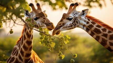 Two beautiful Masai giraffes eating tree leaves in Kenya's Masai Mara National Reserve. - obrazy, fototapety, plakaty