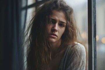 Depressed sad looking beautiful young woman near a window. Moody scene for mental illness, sex trafficking, domestic abuse. 