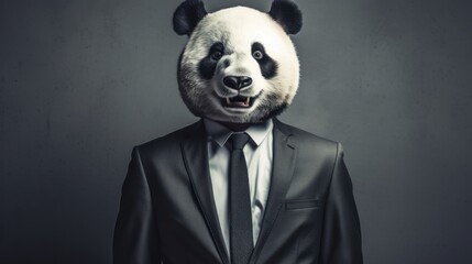 Storytelling image of a businessman wearing a giant panda head. business concept. - obrazy, fototapety, plakaty