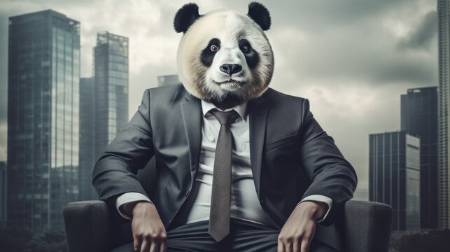 Storytelling image of a businessman wearing a giant panda head. business concept.