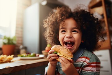 A young child enjoying a delicious burger at home created with Generative AI technology - obrazy, fototapety, plakaty