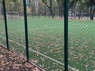 An empty football field is covered with yellow autumn leaves