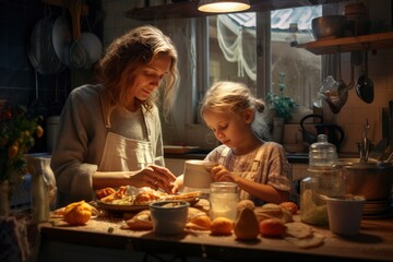 Mother and daughter enjoying a meal together at a table created with Generative AI technology