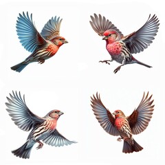 A set of House Finches flying isolated on a white background