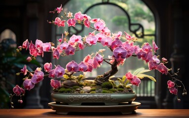 Nature's Exquisites. Showcasing the Elegance of Orchids and Artistry of Bonsai. Generative AI