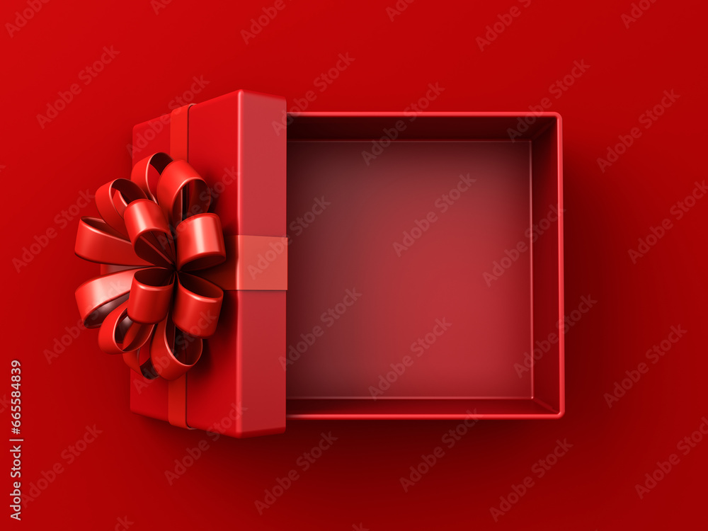 Aufkleber All red gift box open or top view of red present box with red ribbon bow isolated on dark red background with shadow minimal conceptuals for christmas and valentines day 3D rendering