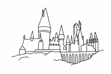 Naklejka premium School of witchcraft and wizardry. Landscape magic school Hogwarts. Castle with many towers. Vector black illustration in simple cartoon doodle outline hand drawn style isolated on white background.