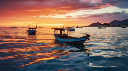 Beautiful Boats floating on water at sunset in front of Seashore. Generative AI