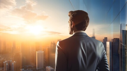 business man looking at the sun on city in the sky - AI Generated - obrazy, fototapety, plakaty