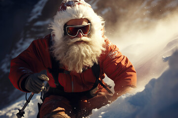 man in Santa Claus costume goes skiing in mountains in winter