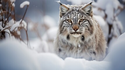 Obraz premium Snowy Stalker: Wild Cat in a Winter Wonderland 