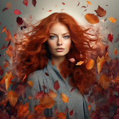  Beautiful woman with ginger hair wearing autumn clothes, freckles, holding shopping - bag in hand, on orange background, studio shot, smiling, blurred falling colorful autumn leaves ,ai generative