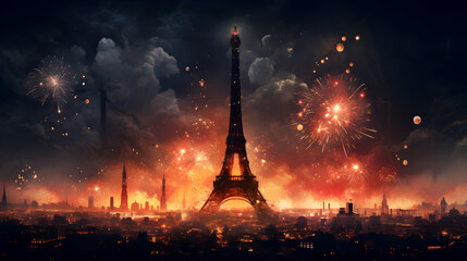 Dramatic Paris skyline, Eiffel Tower centerpiece, vibrant fireworks, ethereal clouds, city lights, mesmerizing celestial display