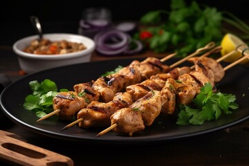Delicious chicken skewers seasoned with authentic spices, grilled to perfection. Generative AI