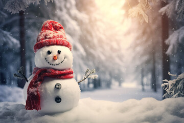 Snowman in winter in forest. Christmas and New Year Greeting Card