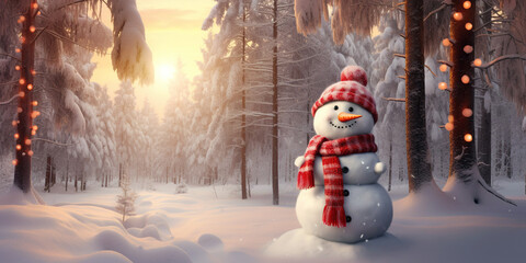 snowman in a hat and scarf in winter in the forest. Congratulatory festive banner for Christmas and New Year