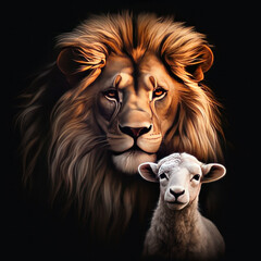 The Lion and the Lamb together. Image on black background created with generative ai.