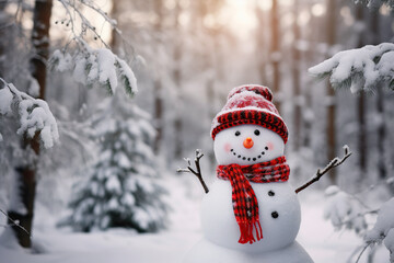 snowman in hat and scarf in winter in forest. Christmas and New Year greeting card