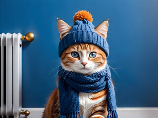 cute cat with blue eyes in a warm scarf and winter hat is freezing at home near a cold radiator - obrazy, fototapety, plakaty