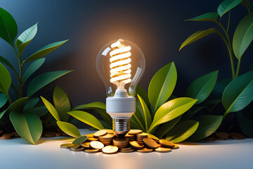 energy saving lamp with coins and plants, ecology and savings concept - obrazy, fototapety, plakaty