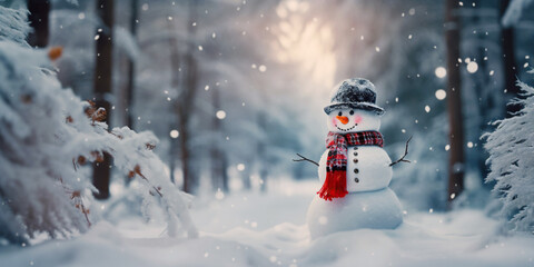 snowman in a hat and scarf in winter in the forest. Congratulatory festive banner for Christmas and New Year