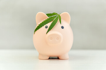 Profiting from selling marijuana, piggy bank on a wood background with a marijuana leaf. spending...