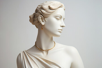 Statue with jewelry, bust of woman wearing golden necklace and earrings. Sculpture with luxury jewelry. Timeless, eternal beauty and style concept. Gypsum stone woman Greek statue with golden chain - obrazy, fototapety, plakaty