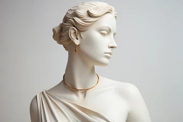 Foto op Plexiglas Statue with jewelry, bust of woman wearing golden necklace and earrings. Sculpture with luxury jewelry. Timeless, eternal beauty and style concept. Gypsum stone woman Greek statue with golden chain © Magryt