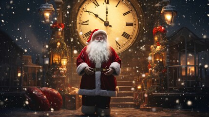 Santa Claus on New Year's Eve and Christmas on the background of a fabulous clock.