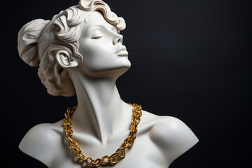 Statue with jewelry, bust of woman wearing golden necklace. Sculpture with luxury jewelry. Timeless, eternal beauty and style concept. Gypsum stone woman Greek statue with golden chain, copy space.